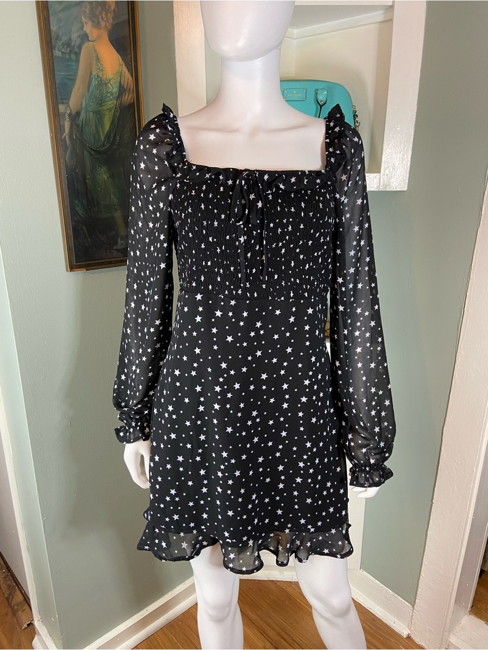Altar'd State Black Star Print Smocked Mini Dress Large L Sheer Long Sleeve